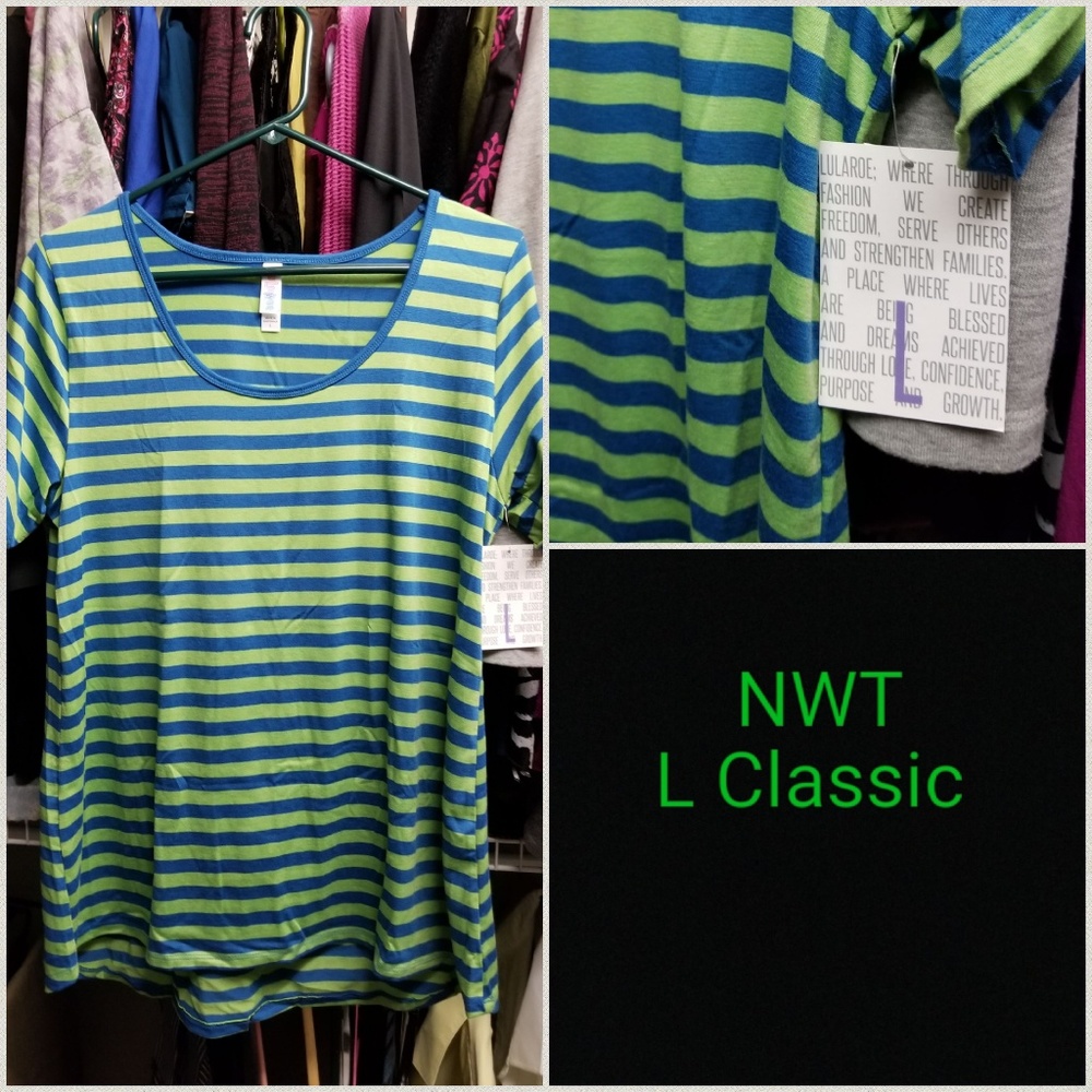 Lularoe Classic Tee NWT L teal blue green striped